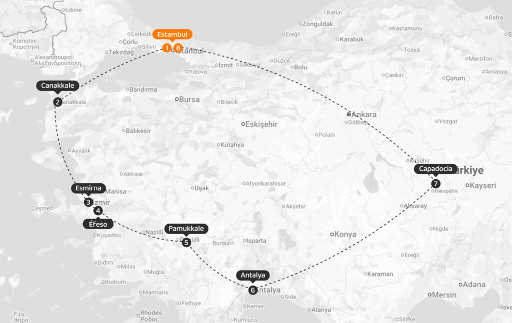 Viaje en grupo a Turquía visitando Estambul, Troya, Esmirna, Pérgamo, Éfeso, Pamukkale, Antalya, Isla Suluada, Capadocia y viaje en globo desde Uruguay y Argentina