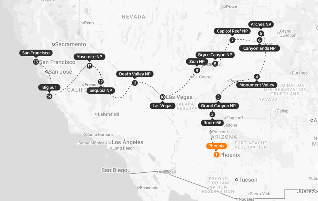 Viaje en grupo estilo Road Trip por los Estados Unidos (USA) por los principales parques nacionales de la costa oeste, Gran Cañón, Arches, Bryce, Sequoia, Las Vegas, Valle de la Muerte, Bryce, Zion, Yosemite, California, Big Sur y San Francisco. Desde Uruguay y Argentina