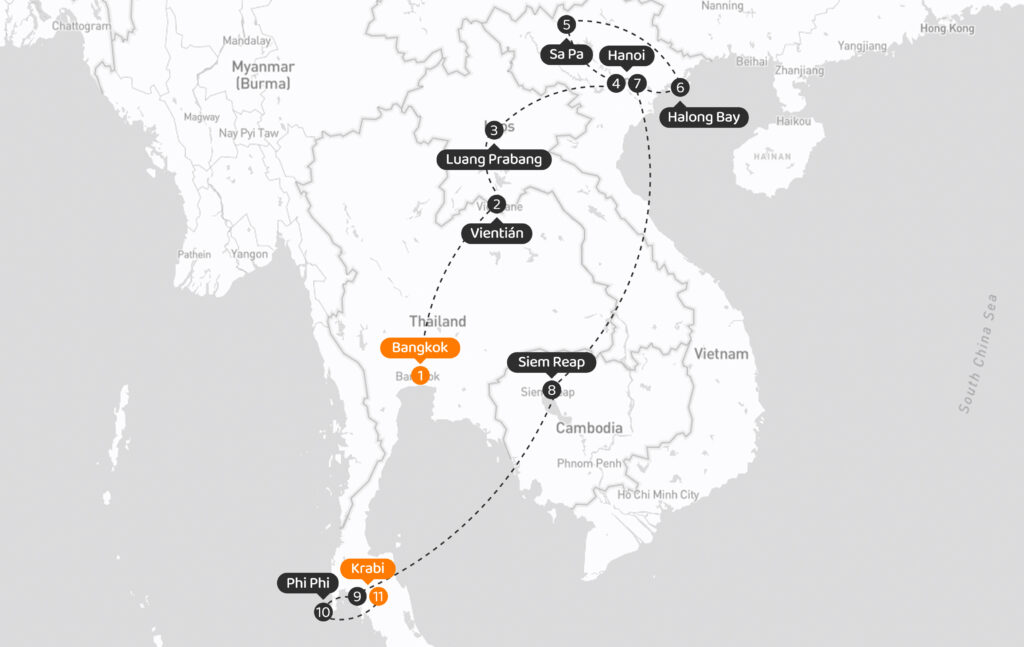 Viaje en grupo a Tailandia, Camboya, Laos y Vietnam, desde Uruguay y Argentina para conocer Krabi, Templo Angkor Wat, Mercados de Bangkok, Monjes de Laos, Bahía de Halong, Sapa, Hanoi, Islas Phi Phi y mucho más