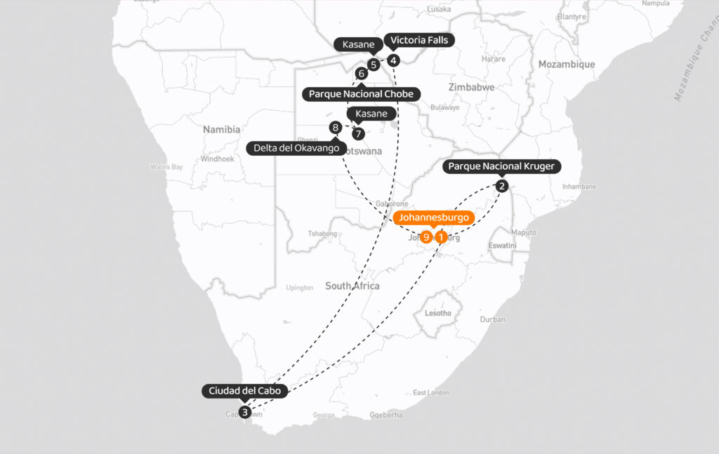 Viaje en grupo por Sudáfrica, Zimbabue y Botsuana desde Uruguay y Argentina. Visitamos Cataratas Victoria, Victoria Falls, Parque Nacional Kruger, Chobe y Delta del Okavango, Ciudad del Cabo, Montaña de Mesa, Pingüinos y mucho más