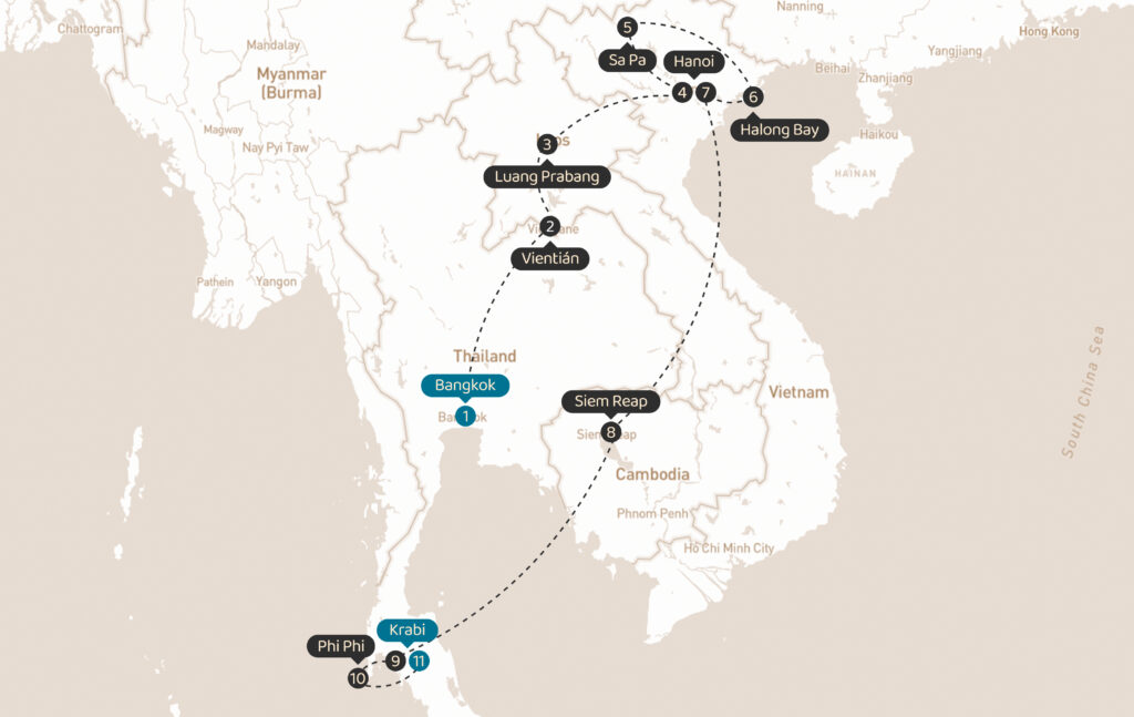 Viaje en grupo a Tailandia, Camboya, Laos y Vietnam, desde Uruguay y Argentina para conocer Krabi, Templo Angkor Wat, Mercados de Bangkok, Monjes de Laos, Bahía de Halong, Sapa, Hanoi, Islas Phi Phi y mucho más